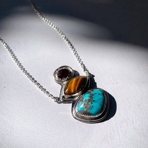 Campitos Turquoise, Tiger Eye, Faceted Garnet Sterling Silver Friend Necklace