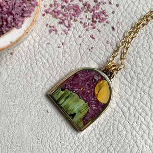 Ruby Skies over Gary Green Jasper Cliff Large Brass Landscape Necklace no. 33